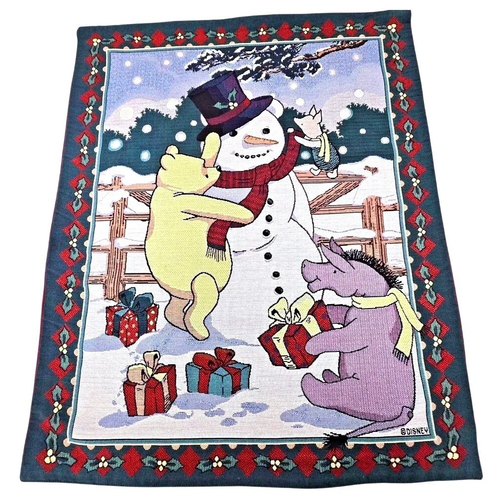 Vtg 1997 Disney Winnie the Pooh Snowman Woven Wall Tapestry Christmas USA Made
